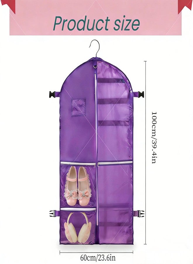 FrexCheng 40" Dance Garment Bag for Kids - Hanging Waterproof Garment Bag with 5 Clear Zipper Pockets & ID Window, Portable Foldable Clothes Bag for Dance Costumes, Skating, Cheer, Pageants (purple, buckle) - Image 2